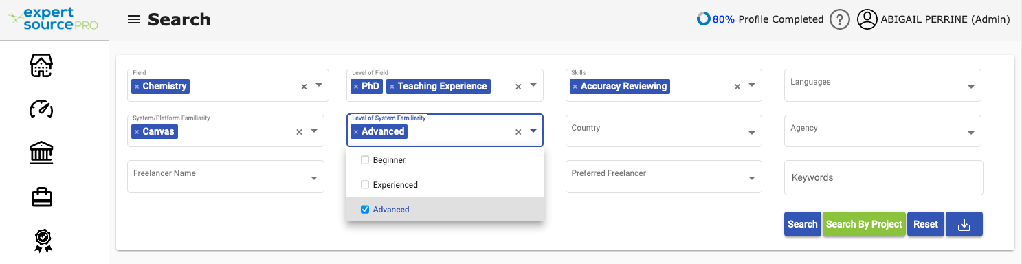 A screenshot of the ExpertSource Pro interface shows search fields with the following options selected: Field: Chemistry; Level of Field: PhD, Teaching Experience; Skill: Accuracy Reviewing; System/Platform Familiarity: Canvas; Level of System Familiarity: Advanced. Other fields, including Languages, Freelancer Name, Country, Agency, Preferred Freelancer, and Keywords are blank.