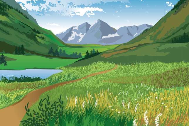 A highly detailed, four-color rendering of an outdoor scene. A dirt path winds through fields of grass and flowers. A river or lake, several conifer trees, and a snowy mountain are visible in the distance.